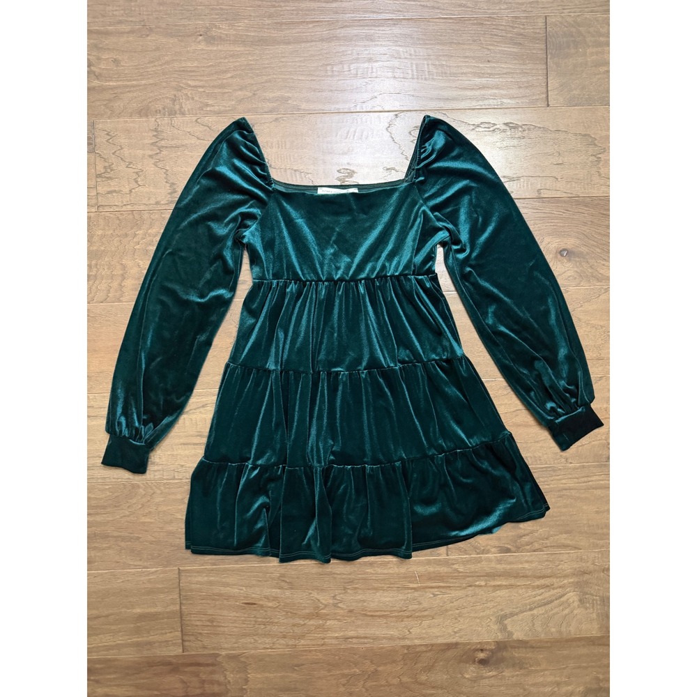 Altar'd State Dress Womens Medium Emerald Green Velvet Tiered Babydoll Mini Boho